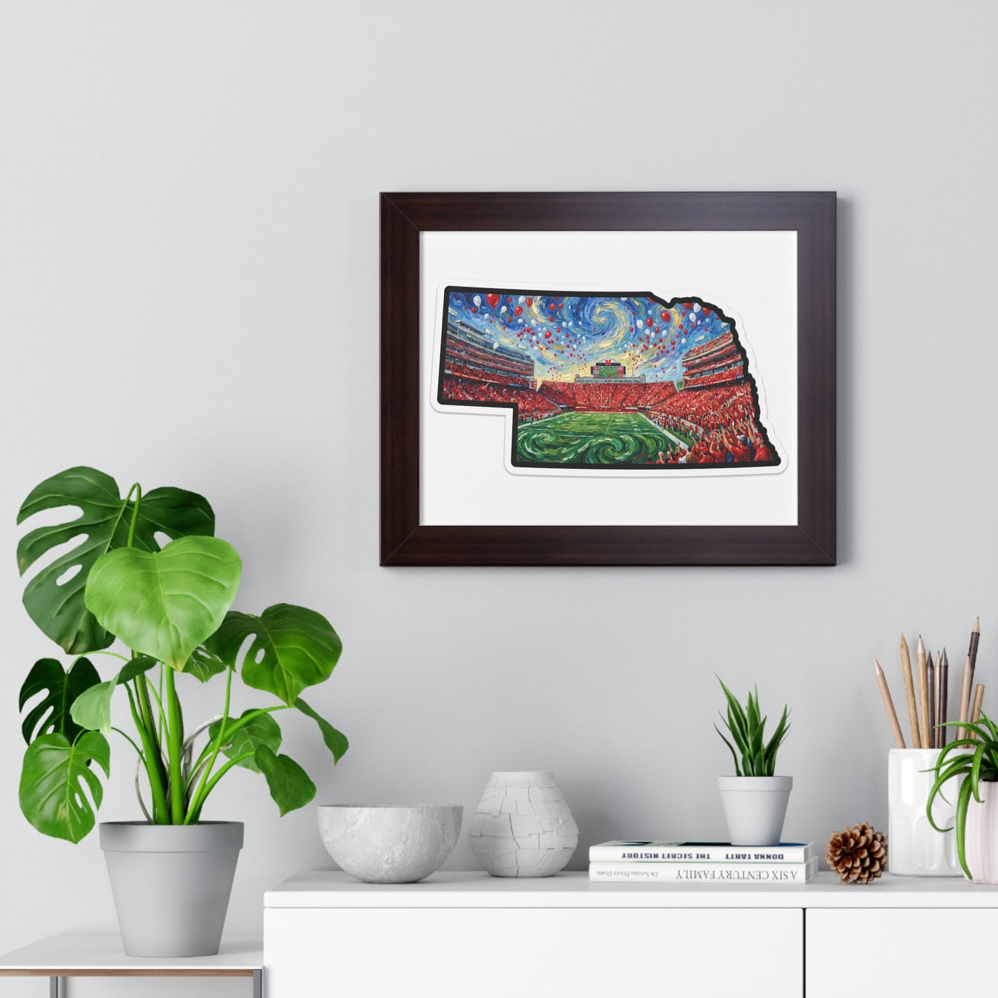 Nebraska Stadium Art Print — Framed Horizontal Poster (Van Gogh Balloon Release Football Stadium)