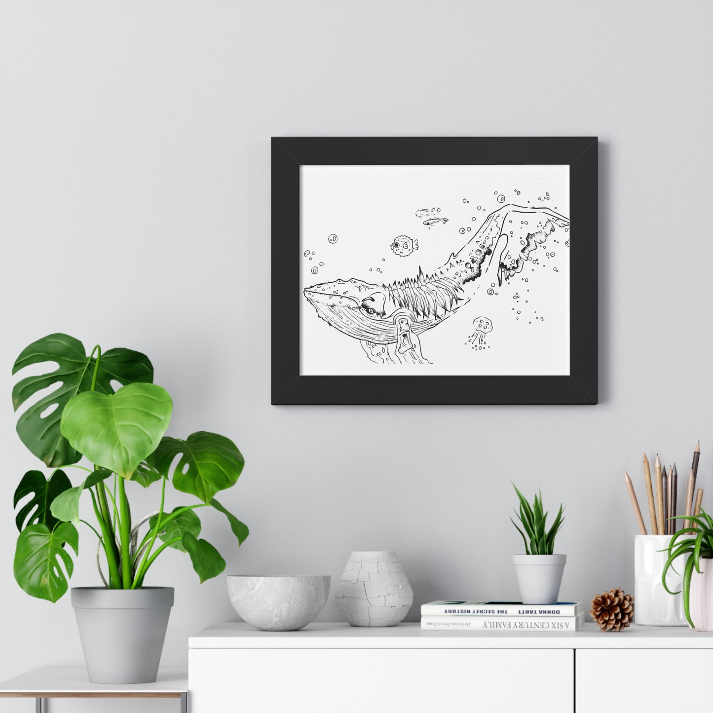 Blub Blub! ~ Hand-Drawn Whale Framed Poster — Nautical Ink Illustration