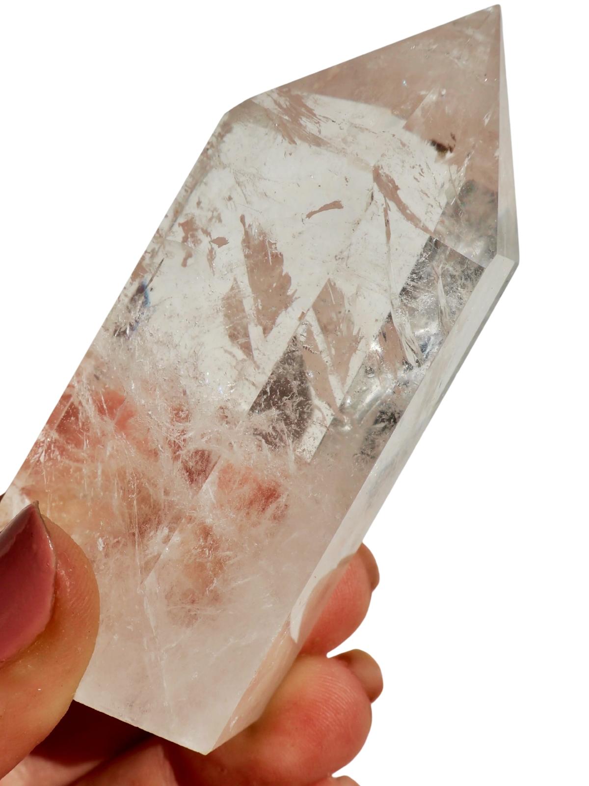smooth Clear Quartz Tower in angled view