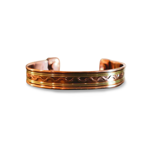 textured Copper Cuff Bracelet, Pure Copper with Two-Tone Brass Wave Design and 2 Magnets, Stress Relief in macro texture