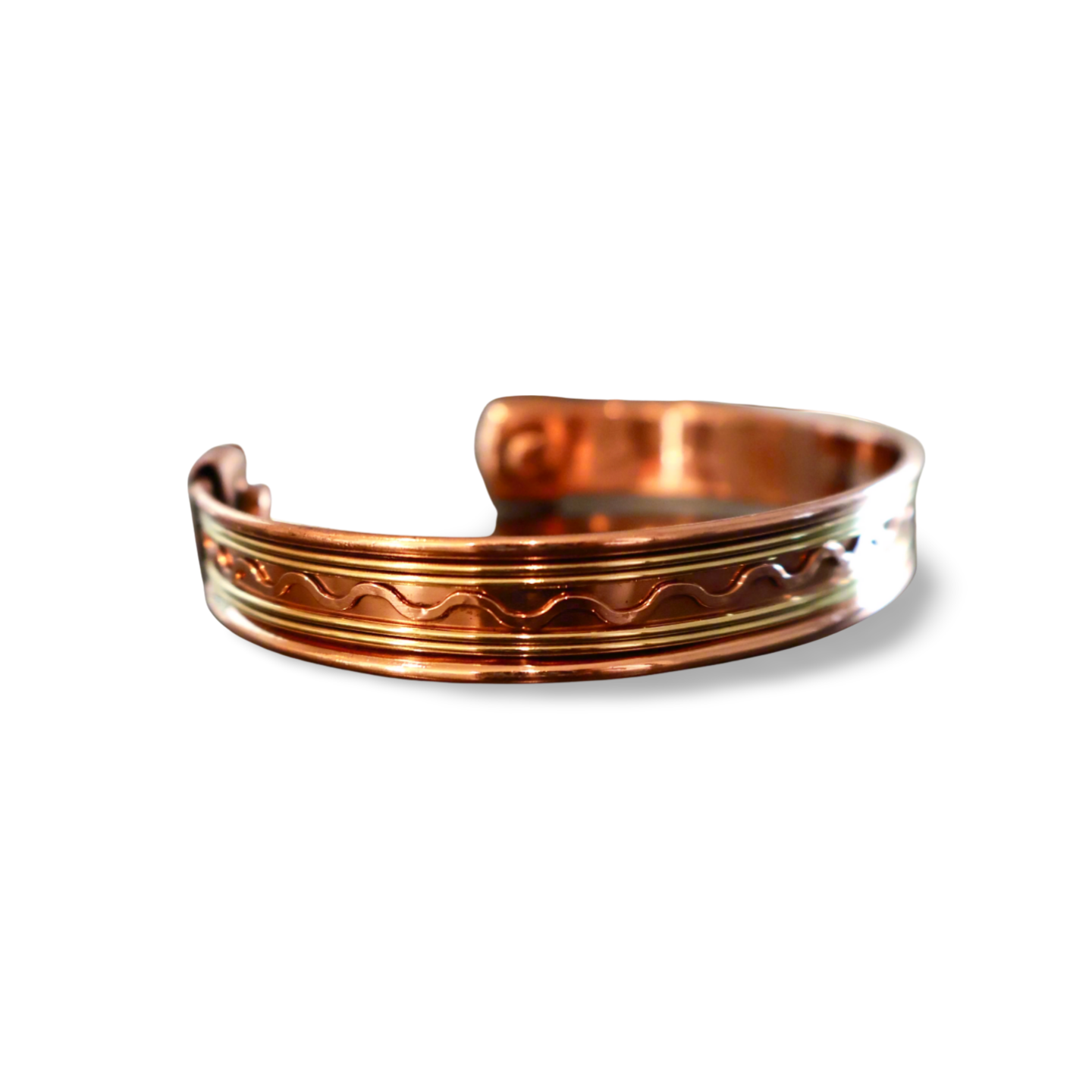 shiny Copper Cuff Bracelet, Pure Copper with Two-Tone Brass Wave Design and 2 Magnets, Stress Relief in detail view