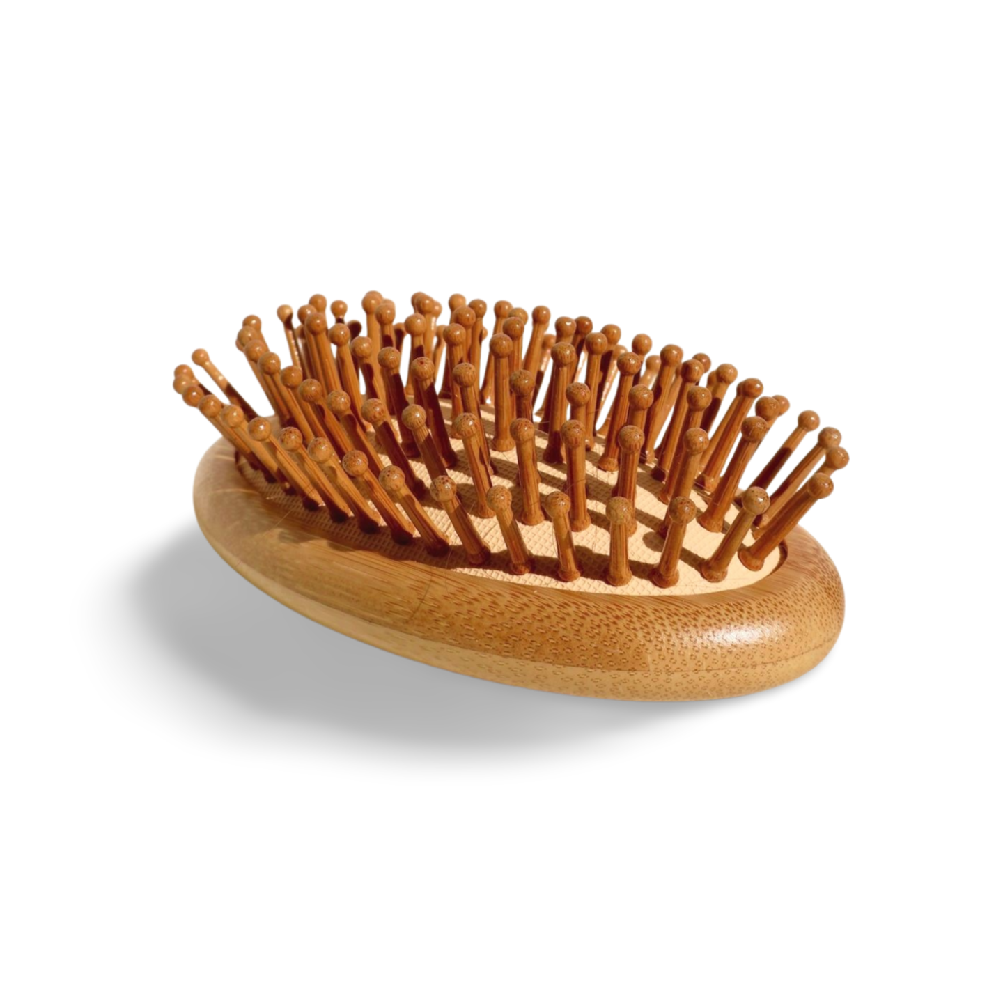 Eco-friendly handheld brush featuring a smooth bamboo base and rounded wooden bristles for comfortable hair brushing.