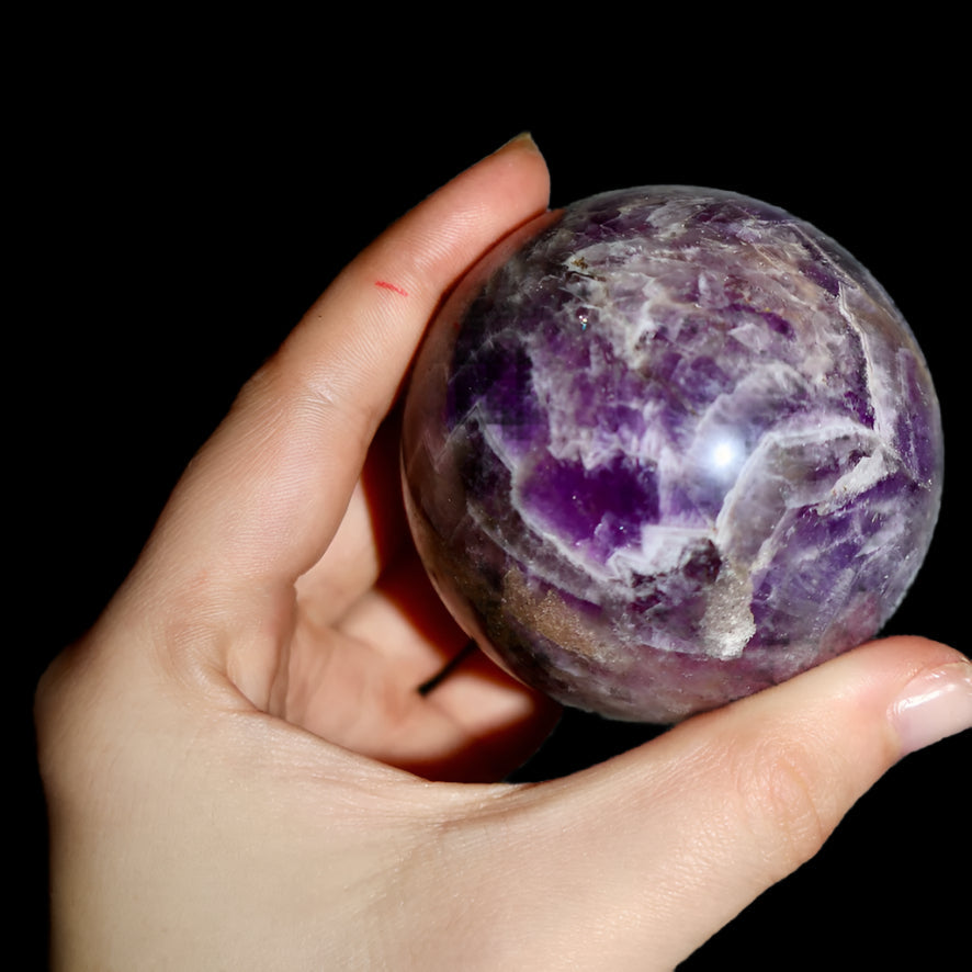Huge 3 inch Diameter Purple_Chevron_Amethyst_Crystal_Sphere in Hand