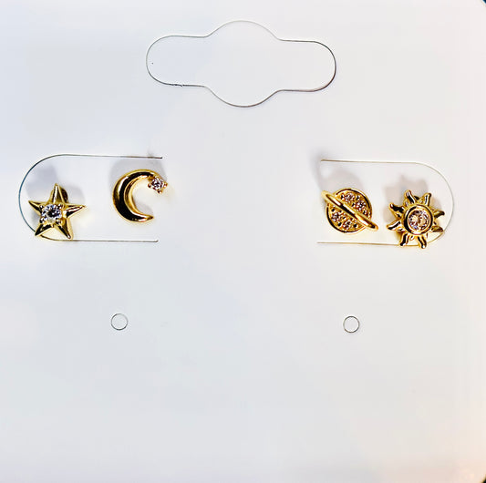 Dainty Sterling Silver Celestial Earrings - 4 piece Set with Saturn, Moon, Star, and Sun Motifs for a Shimmering Planetary Touch