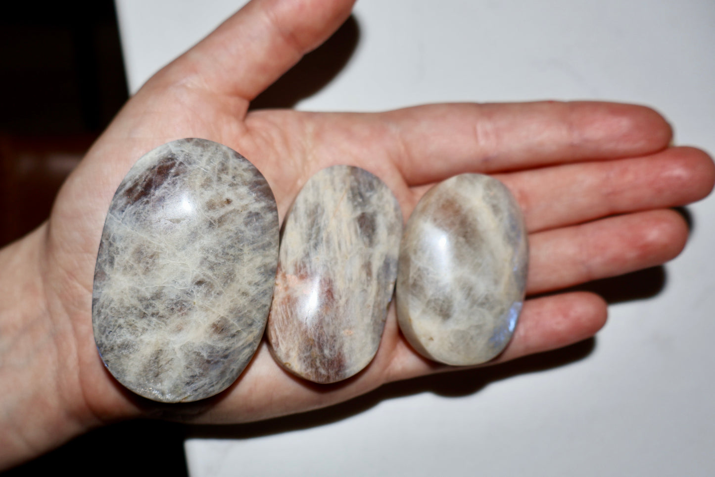 Moonstone Palm Stone with Rainbow Aura Inclusions