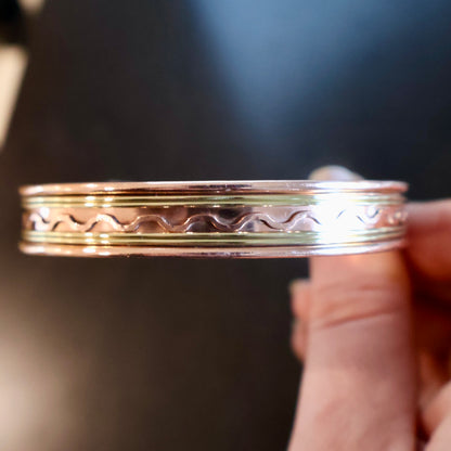 shiny Copper Cuff Bracelet, Pure Copper with Two-Tone Brass Wave Design and 2 Magnets, Stress Relief in macro texture