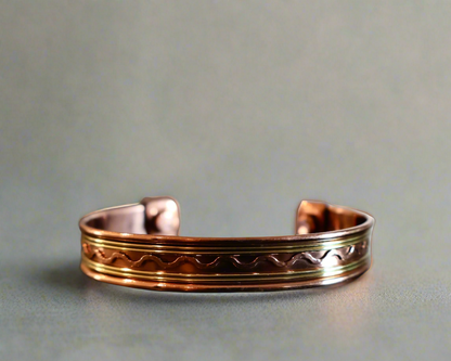 Copper Cuff Bracelet, Pure Copper with Two-Tone Brass Wave Design and 2 Magnets, Stress Relief product image