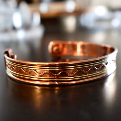 smooth Copper Cuff Bracelet, Pure Copper with Two-Tone Brass Wave Design and 2 Magnets, Stress Relief in angled view