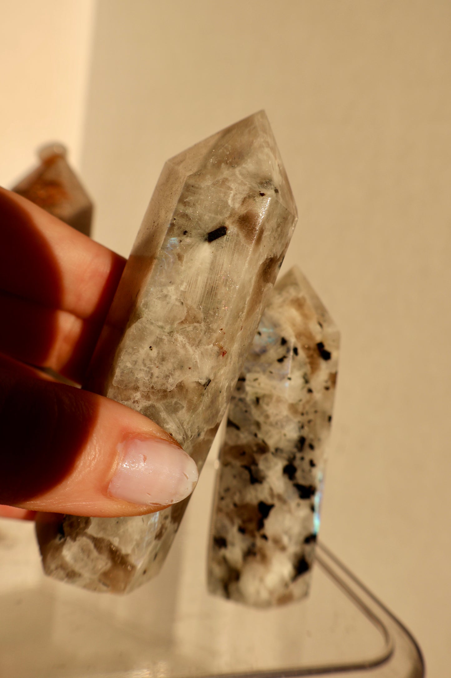 Untreated Moonstone Obelisk Tower with Natural Aura Inclusions, Stimulate Vitality with beautiful and powerful Crystal | Limited Collection, Premium Quality, 3-4"