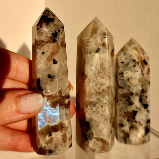 Untreated Moonstone Obelisk Tower with Natural Aura Inclusions, Stimulate Vitality with beautiful and powerful Crystal | Limited Collection, Premium Quality, 3-4"