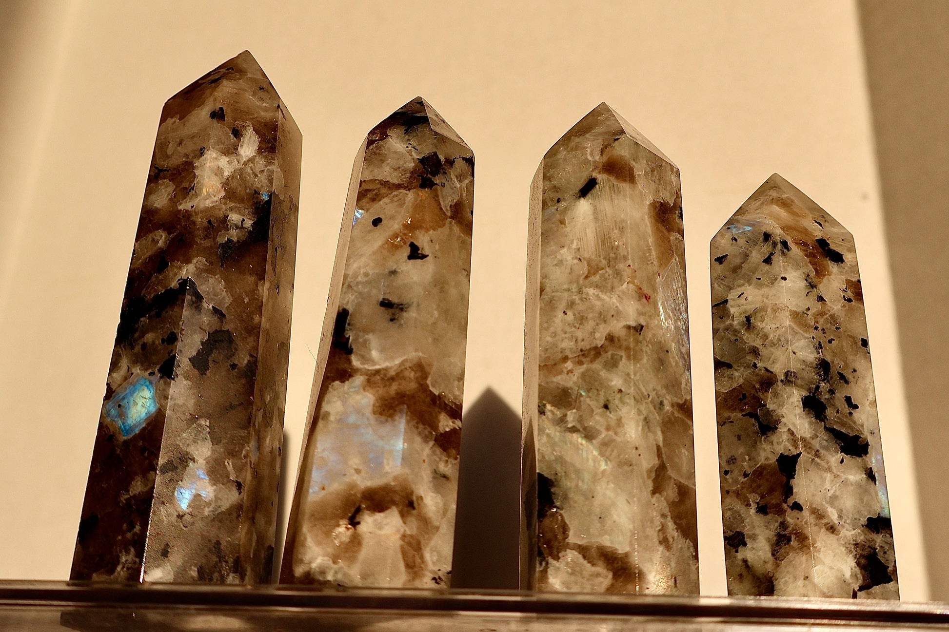 shiny Moonstone Crystal Obelisk with Natural Rainbow Aura Inclusions, 3-4" in macro texture