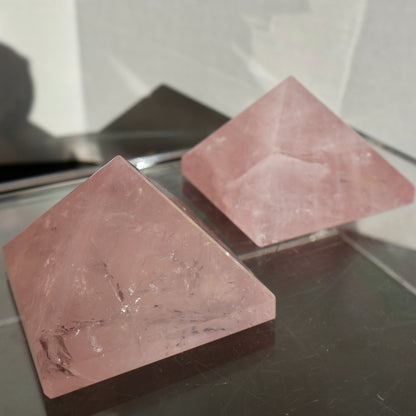 glimmering Rose Quartz Crystal Pyramid, 1.5 - 2" - Precision Cut, Love and Harmony Enhancer in angled view