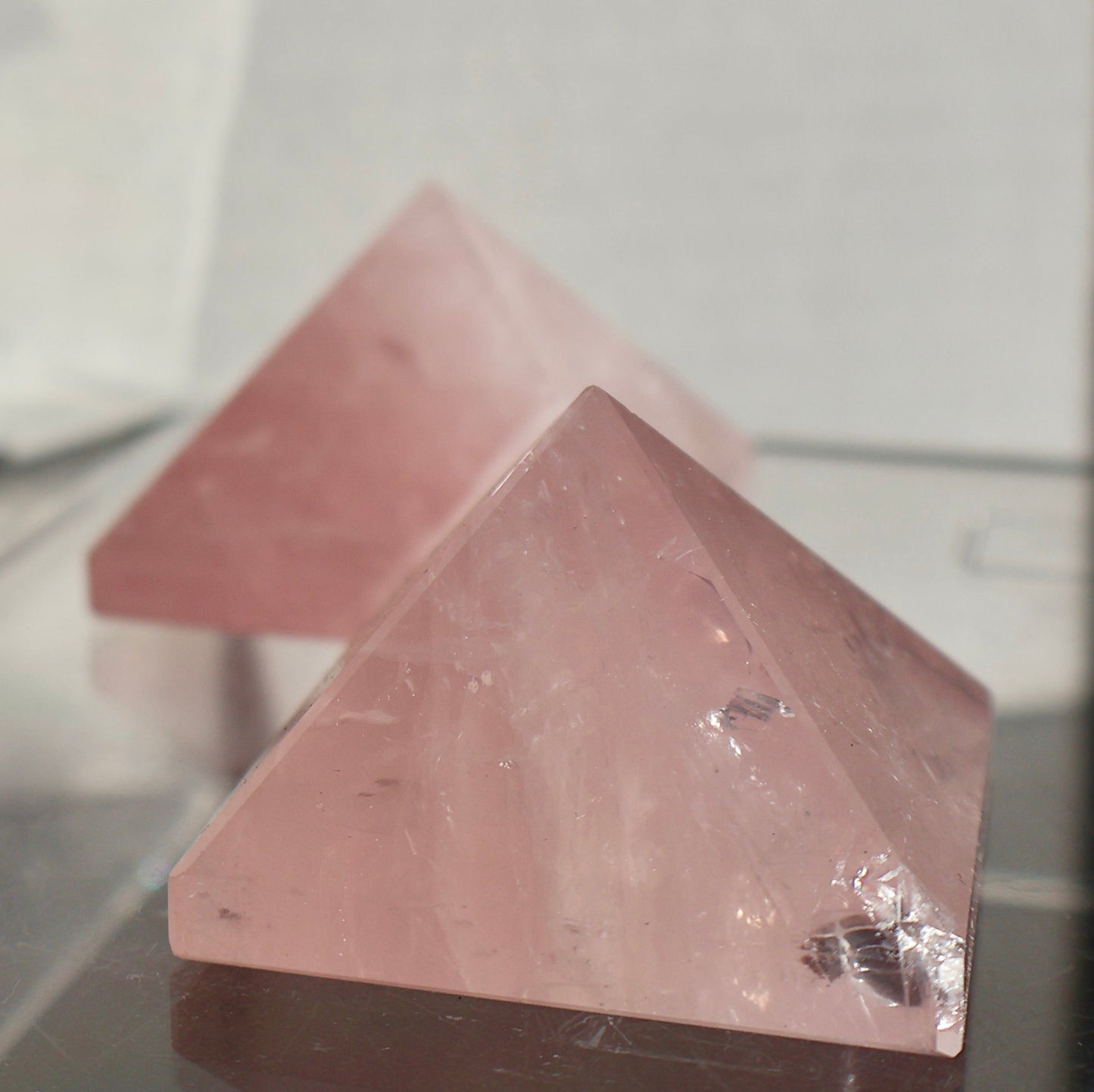 sparkling Rose Quartz Crystal Pyramid, 1.5 - 2" - Precision Cut, Love and Harmony Enhancer in angled view