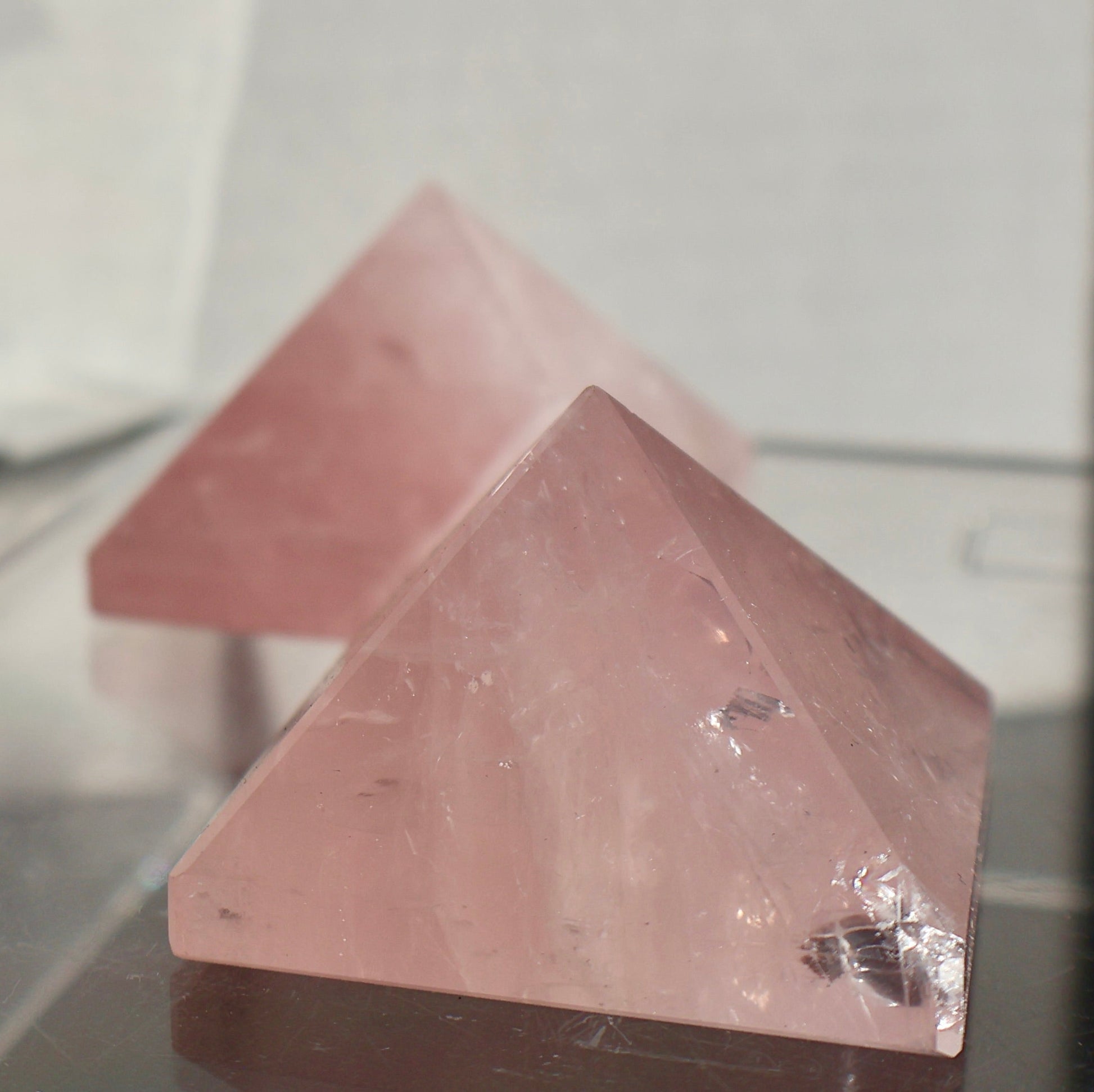 sparkling Rose Quartz Crystal Pyramid, 1.5 - 2" - Precision Cut, Love and Harmony Enhancer in angled view