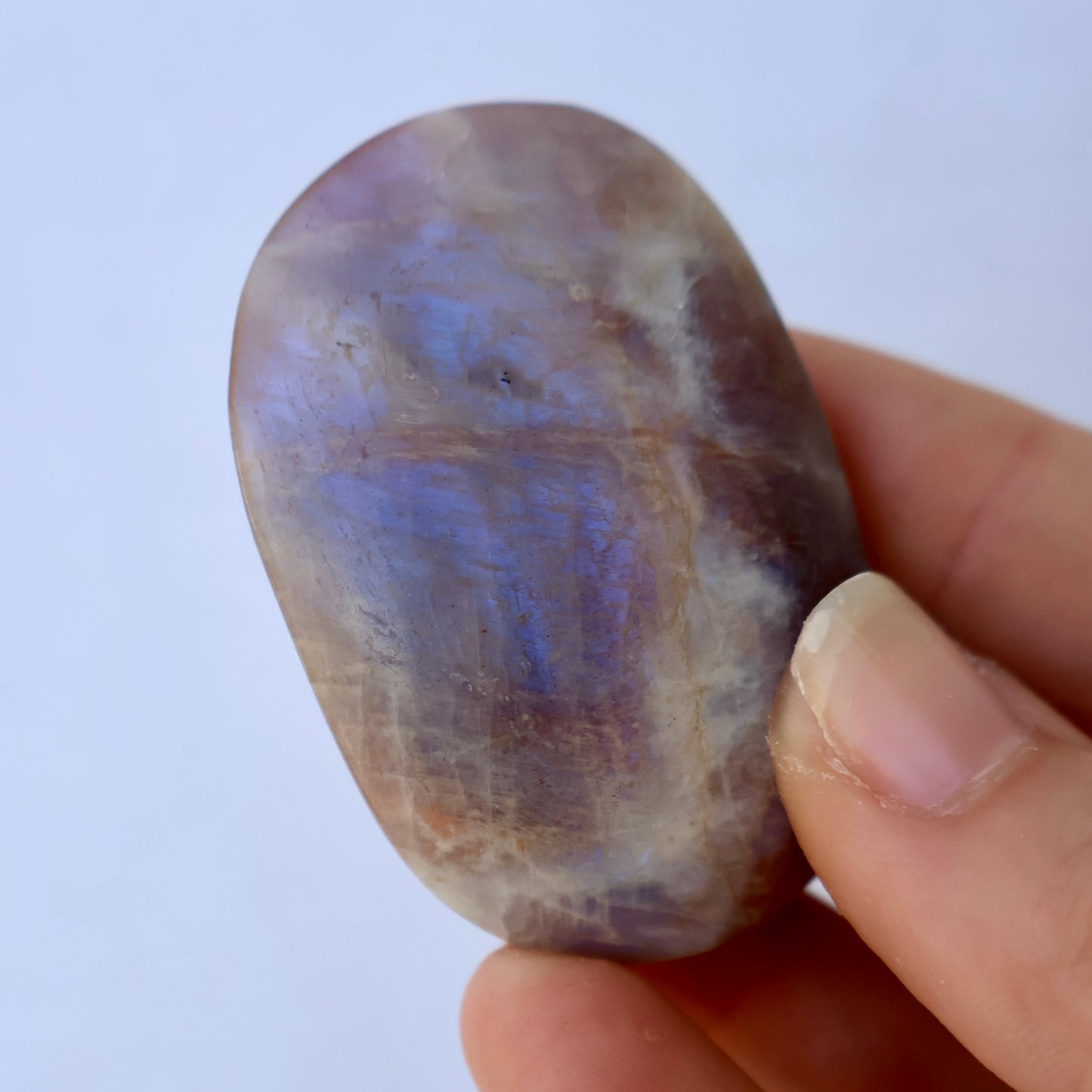 Moonstone Palm Stone with Rainbow Aura Inclusions