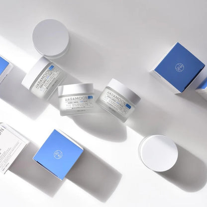 Flat lay of Korean skincare routine featuring HARAMOON Centella Moisture Cream