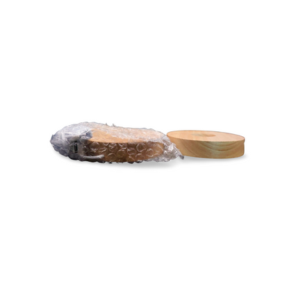 Wooden LED light base with warm glow, USB cord attached, for displaying crystals and spheres.