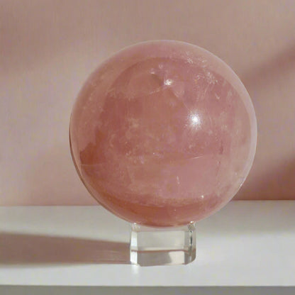Large Rose Quartz Crystal Ball Sphere on Glass Display Stand