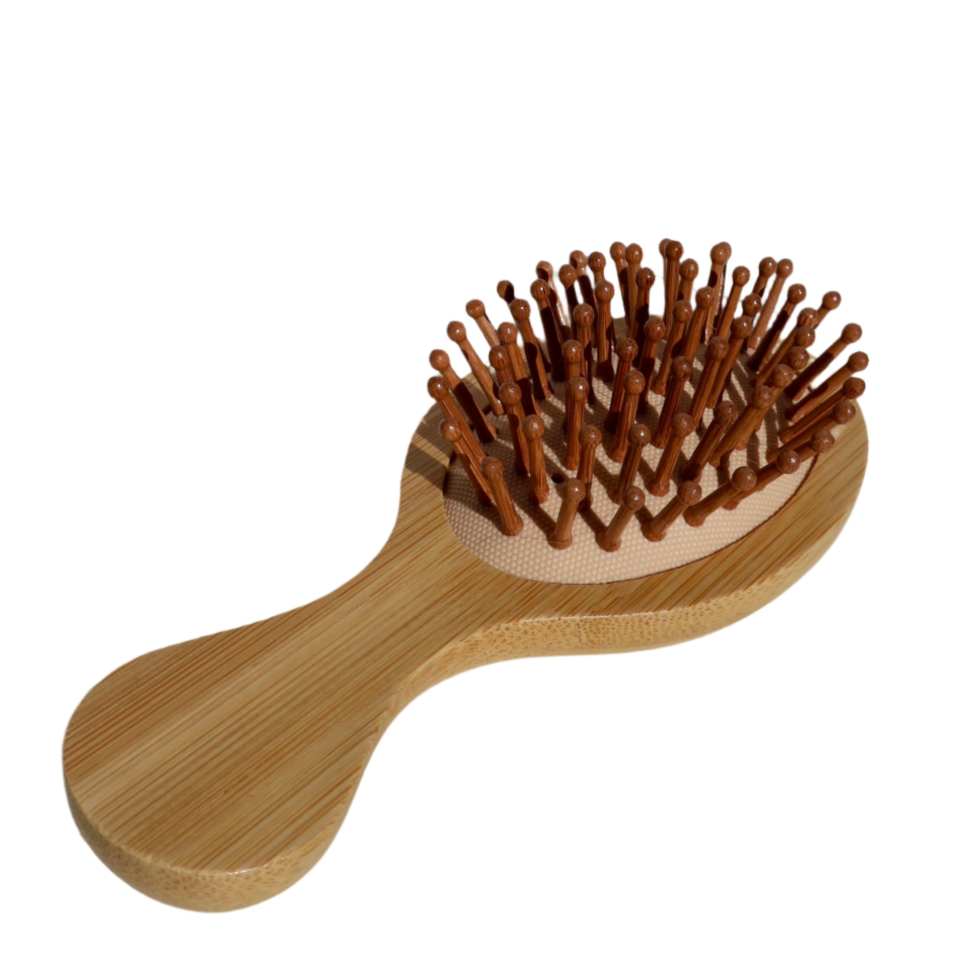 Eco-friendly handheld brush featuring a smooth bamboo base and rounded wooden bristles for comfortable hair brushing