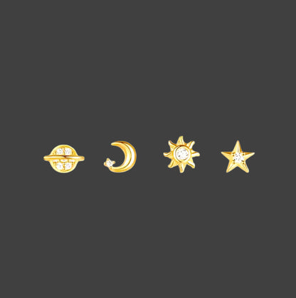 Sterling Silver Celestial Earrings - 4 piece Set with Saturn, Moon, Star, and Sun product image