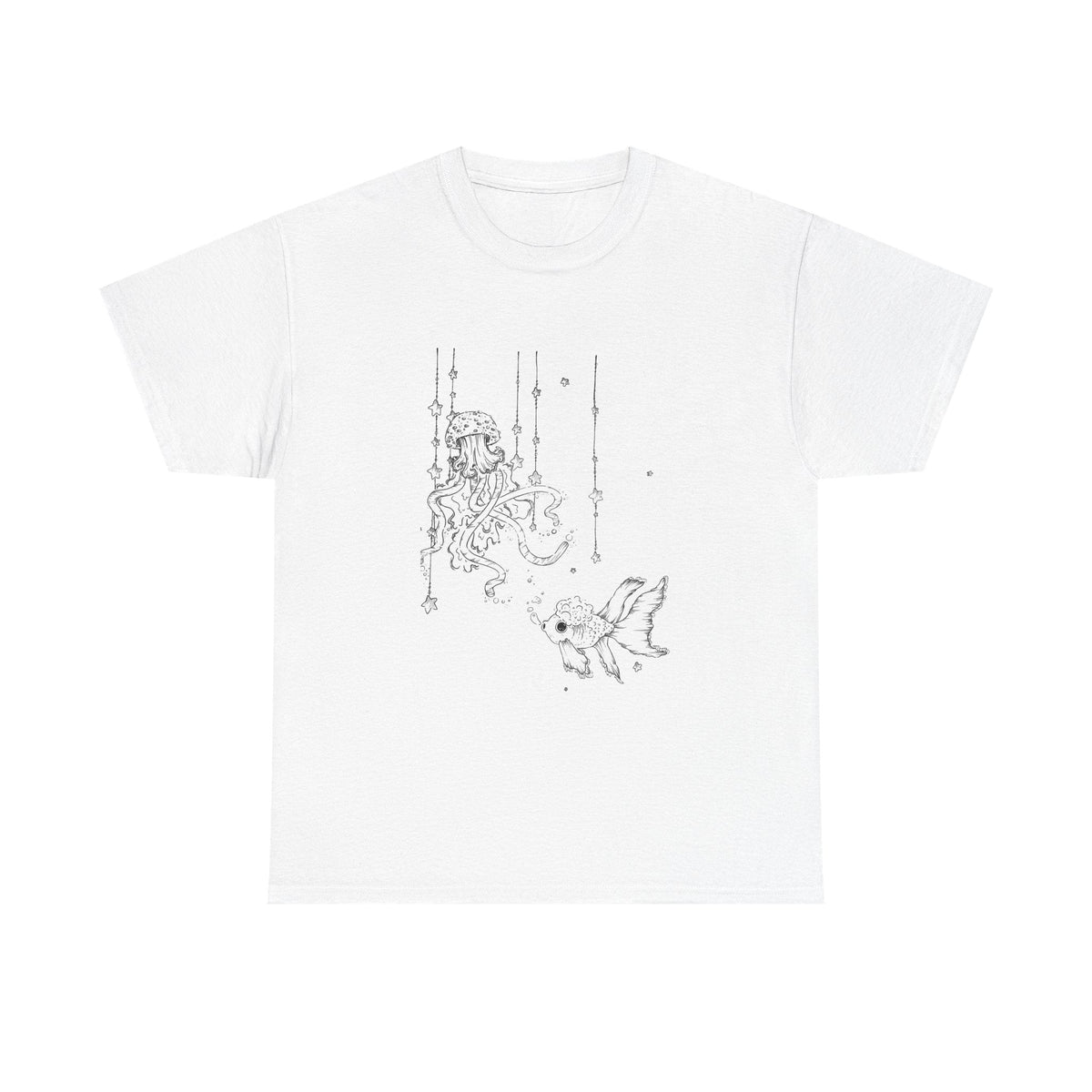 Celestial Jellyfish & Goldfish Fine Line T-Shirt - 100% Cotton Unisex Hand Drawn Tee - Wax | Wane - artistic tee - T-Shirt2