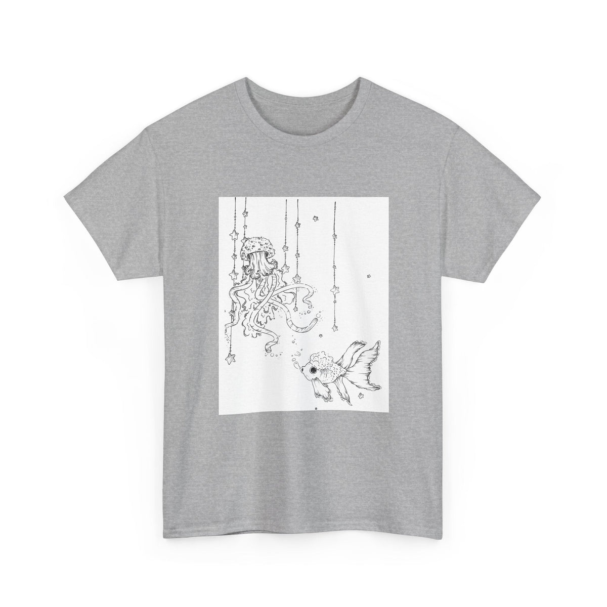 Celestial Jellyfish & Goldfish Fine Line T-Shirt - 100% Cotton Unisex Hand Drawn Tee - Wax | Wane - artistic tee - T-Shirt11
