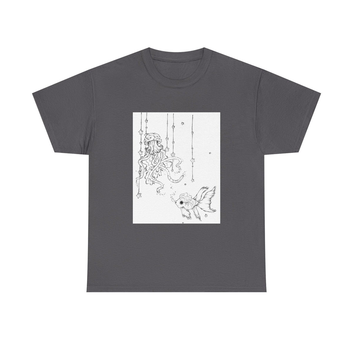 Celestial Jellyfish & Goldfish Fine Line T-Shirt - 100% Cotton Unisex Hand Drawn Tee - Wax | Wane - artistic tee - T-Shirt7