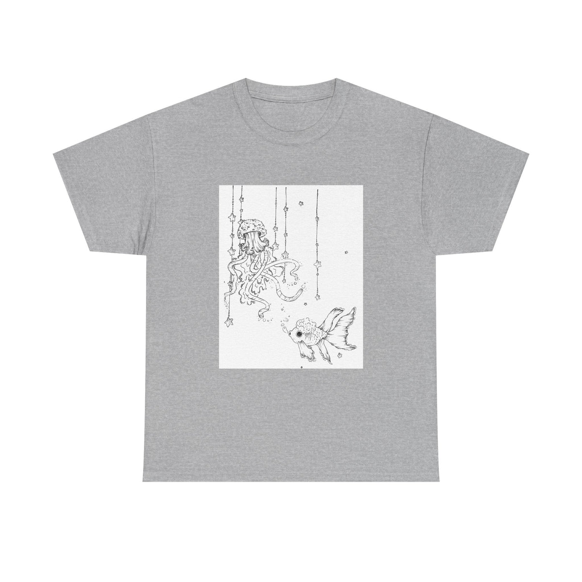 Celestial Jellyfish & Goldfish Fine Line T-Shirt - 100% Cotton Unisex Hand Drawn Tee - Wax | Wane - artistic tee - T-Shirt1