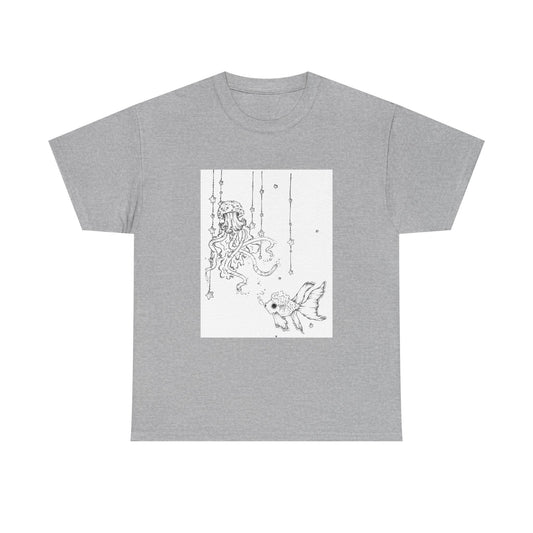 Celestial Jellyfish & Goldfish Fine Line T-Shirt - 100% Cotton Unisex Hand Drawn Tee - Wax | Wane - artistic tee - T-Shirt1