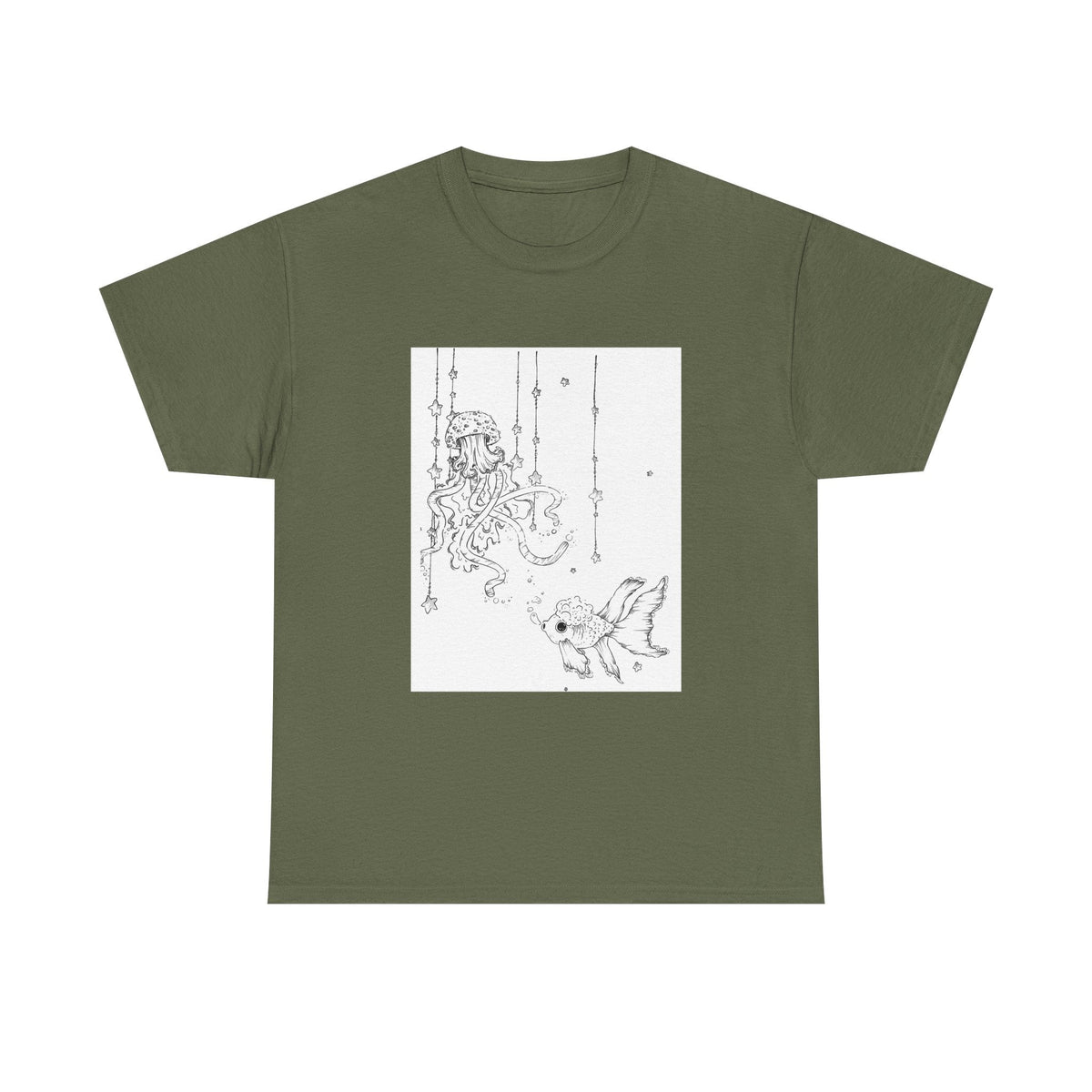 Celestial Jellyfish & Goldfish Fine Line T-Shirt - 100% Cotton Unisex Hand Drawn Tee - Wax | Wane - artistic tee - T-Shirt4