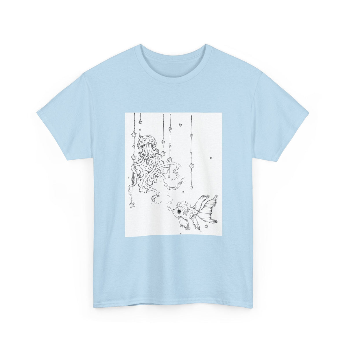 Celestial Jellyfish & Goldfish Fine Line T-Shirt - 100% Cotton Unisex Hand Drawn Tee - Wax | Wane - artistic tee - T-Shirt26