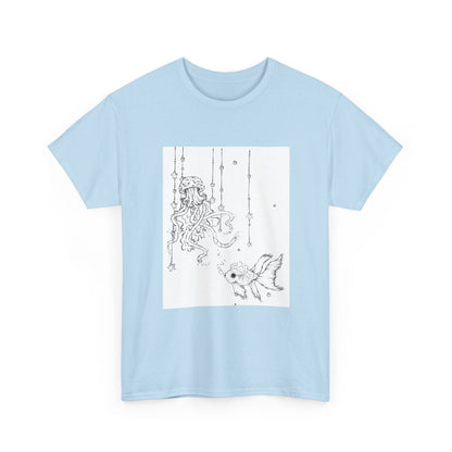 Celestial Jellyfish & Goldfish Fine Line T-Shirt - 100% Cotton Unisex Hand Drawn Tee - Wax | Wane - artistic tee - T-Shirt26