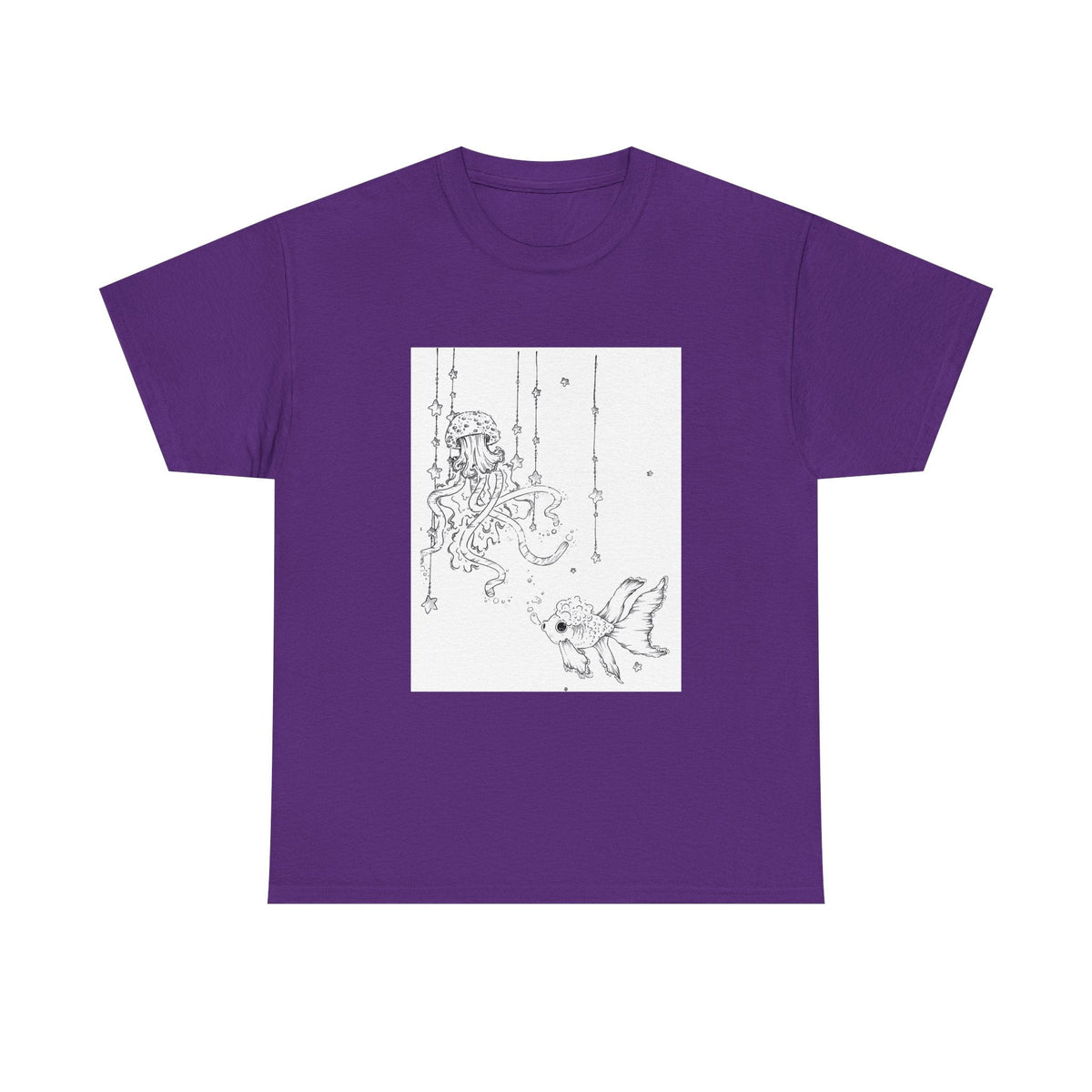 Celestial Jellyfish & Goldfish Fine Line T-Shirt - 100% Cotton Unisex Hand Drawn Tee - Wax | Wane - artistic tee - T-Shirt9