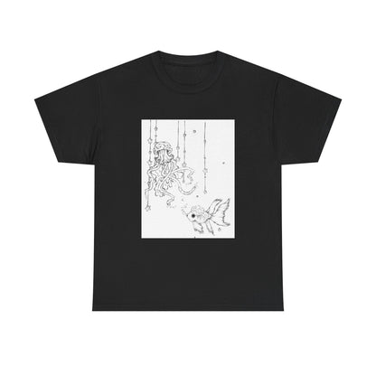 Celestial Jellyfish & Goldfish Fine Line T-Shirt - 100% Cotton Unisex Hand Drawn Tee - Wax | Wane - artistic tee - T-Shirt3
