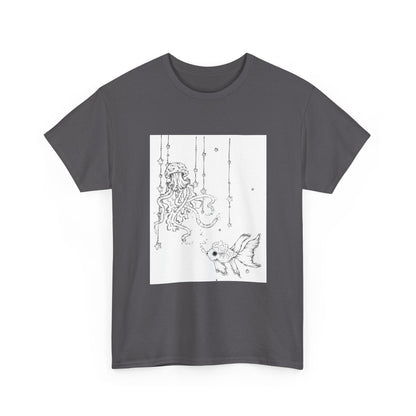Celestial Jellyfish & Goldfish Fine Line T-Shirt - 100% Cotton Unisex Hand Drawn Tee - Wax | Wane - artistic tee - T-Shirt29