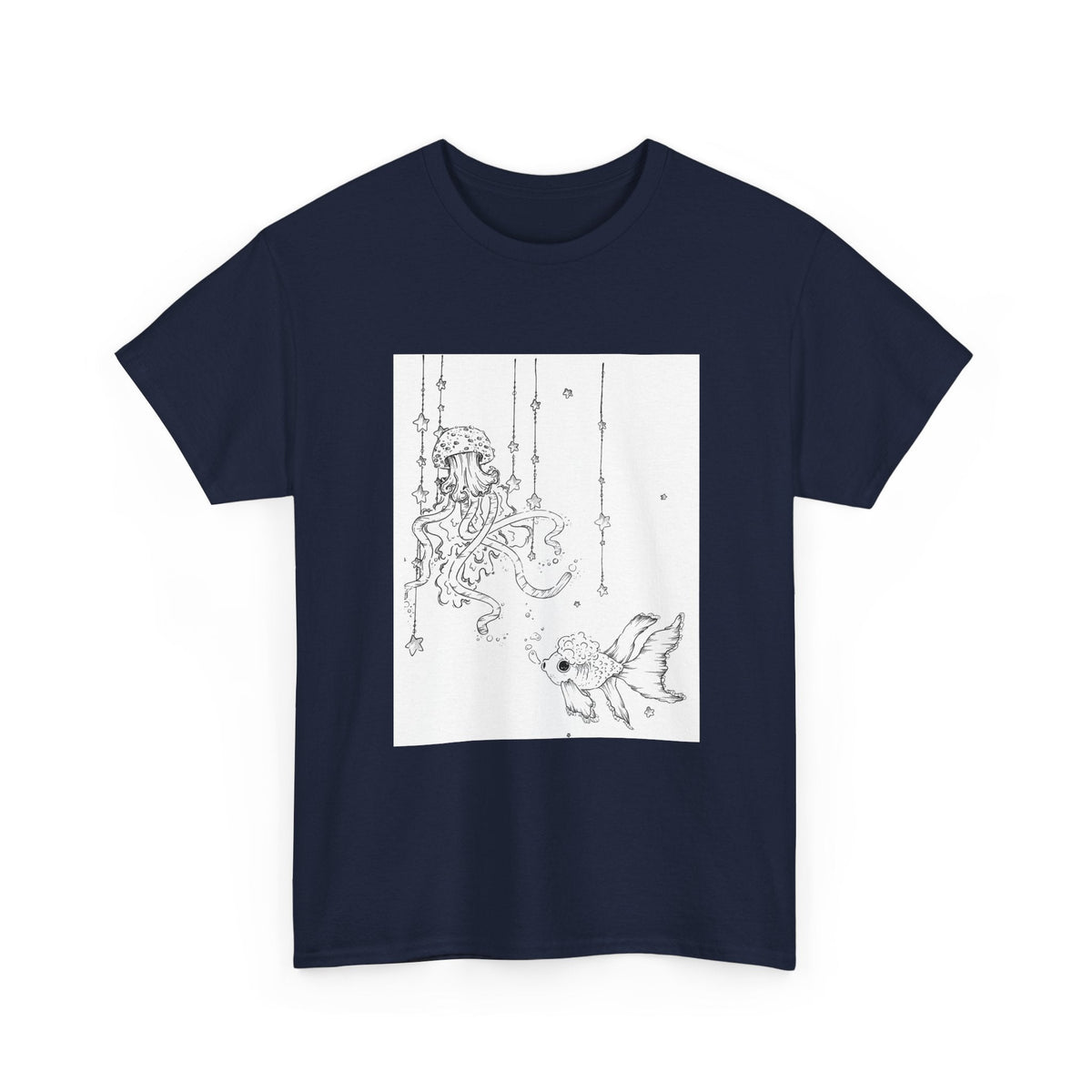 Celestial Jellyfish & Goldfish Fine Line T-Shirt - 100% Cotton Unisex Hand Drawn Tee - Wax | Wane - artistic tee - T-Shirt32