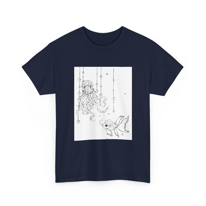 Celestial Jellyfish & Goldfish Fine Line T-Shirt - 100% Cotton Unisex Hand Drawn Tee - Wax | Wane - artistic tee - T-Shirt32