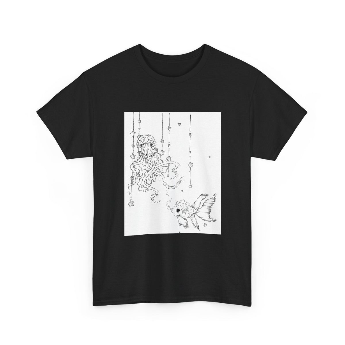Celestial Jellyfish & Goldfish Fine Line T-Shirt - 100% Cotton Unisex Hand Drawn Tee - Wax | Wane - artistic tee - T-Shirt17