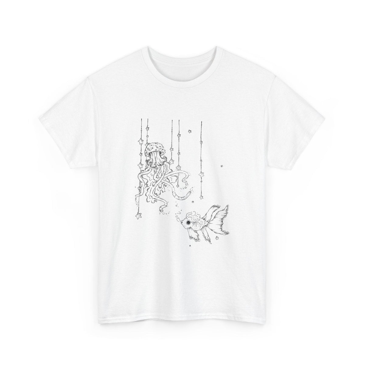 Celestial Jellyfish & Goldfish Fine Line T-Shirt - 100% Cotton Unisex Hand Drawn Tee - Wax | Wane - artistic tee - T-Shirt14