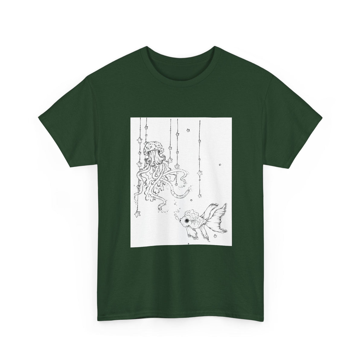 Celestial Jellyfish & Goldfish Fine Line T-Shirt - 100% Cotton Unisex Hand Drawn Tee - Wax | Wane - artistic tee - T-Shirt23