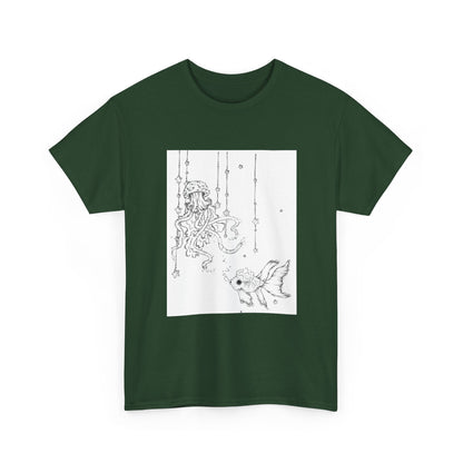 Celestial Jellyfish & Goldfish Fine Line T-Shirt - 100% Cotton Unisex Hand Drawn Tee - Wax | Wane - artistic tee - T-Shirt23
