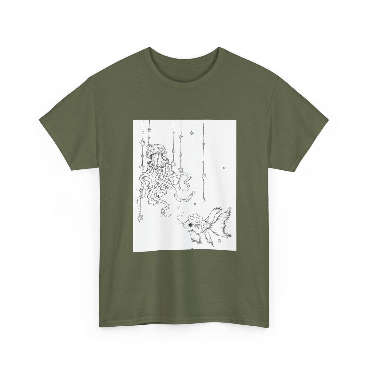 Celestial Jellyfish & Goldfish Fine Line T-Shirt - 100% Cotton Unisex Hand Drawn Tee - Wax | Wane - artistic tee - T-Shirt20