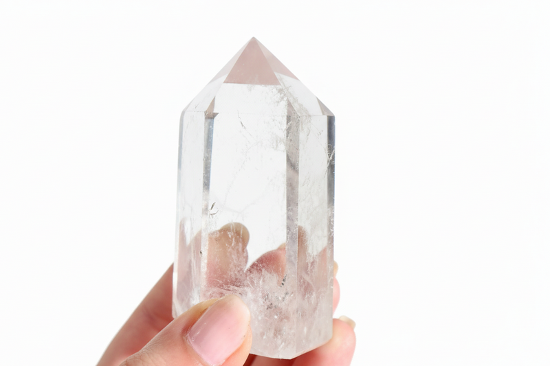 Clear crystal held in a hand against a white background