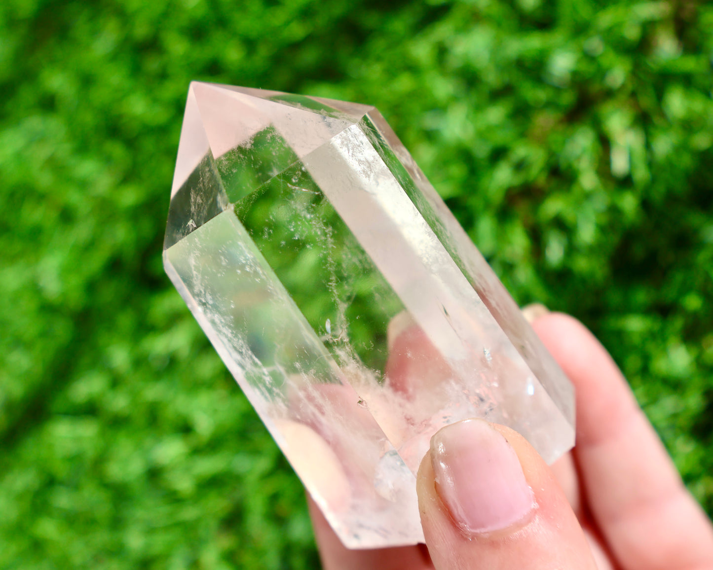 shiny Clear Quartz Tower in angled view