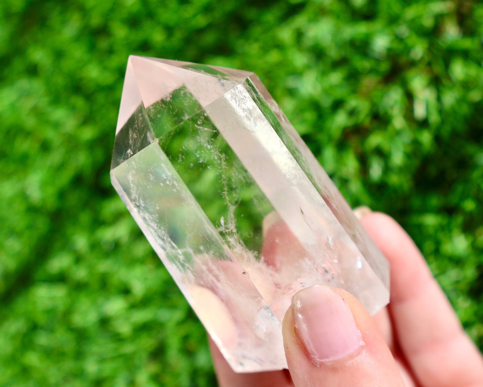 shiny Clear Quartz Tower in angled view
