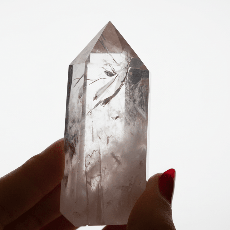 Crystal held by a hand against a white background