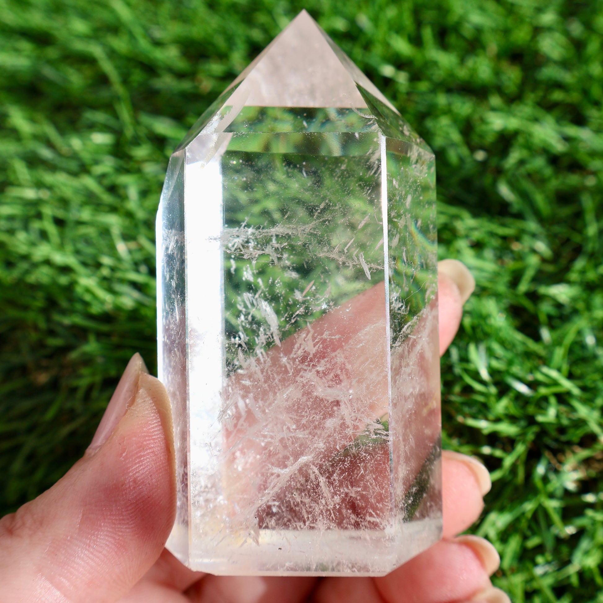 smooth Clear Quartz Tower in macro texture