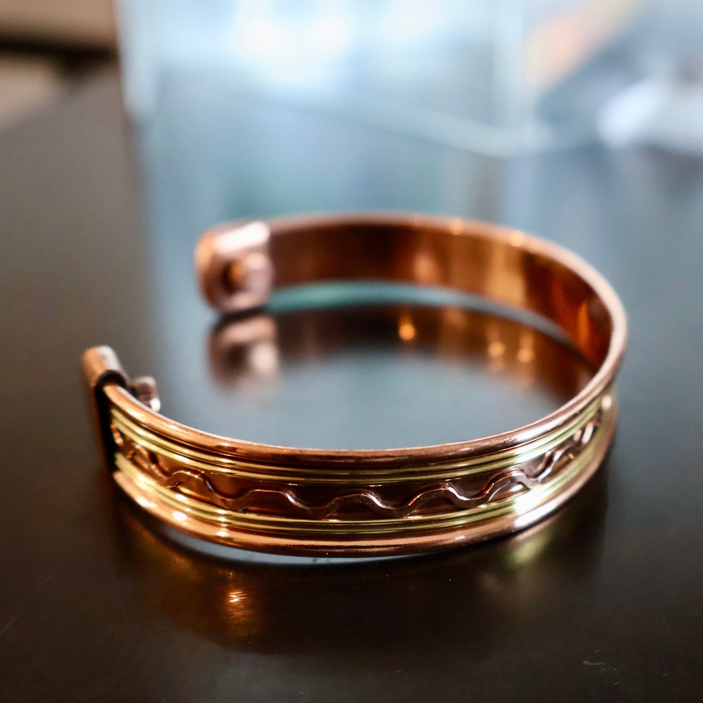 Copper Cuff Bracelet, Pure Copper with Two - Tone Brass Wave Design and 2 Magnets, Stress Relief - Wax | Wane