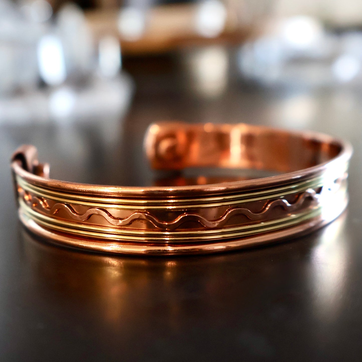 Copper Cuff Bracelet, Pure Copper with Two - Tone Brass Wave Design and 2 Magnets, Stress Relief - Wax | Wane