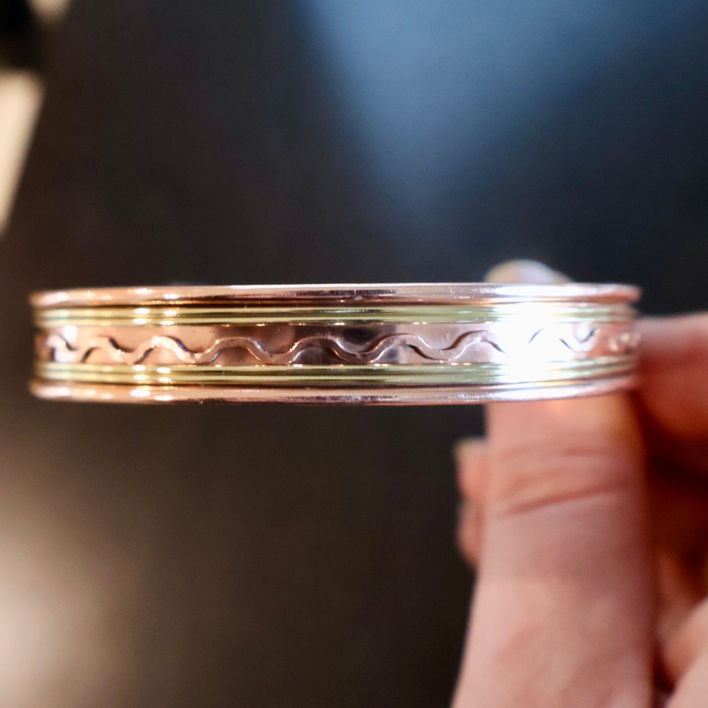 Copper Cuff Bracelet, Pure Copper with Two - Tone Brass Wave Design and 2 Magnets, Stress Relief - Wax | Wane